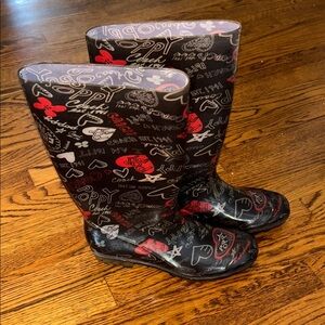 Coach Black Rain Boots with Red and White Graphic Print